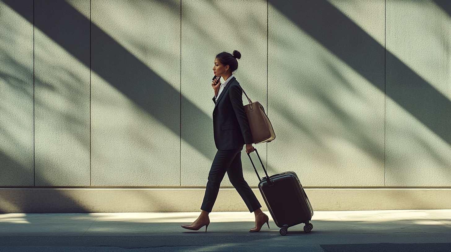 A businesswoman in a dark suit walking briskly along a sunlit concrete wall crossed by long diagonal shadows, phone held to her ear, pulling a hard-shell carry-on suitcase