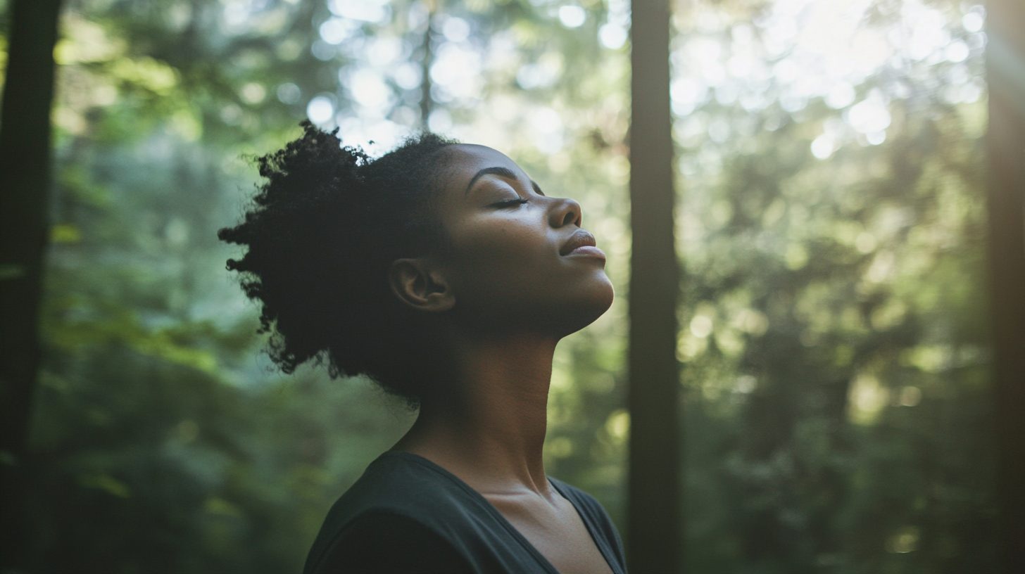 A woman stands among tall trees in soft morning light, eyes closed, breathing slowly in a quiet clearing