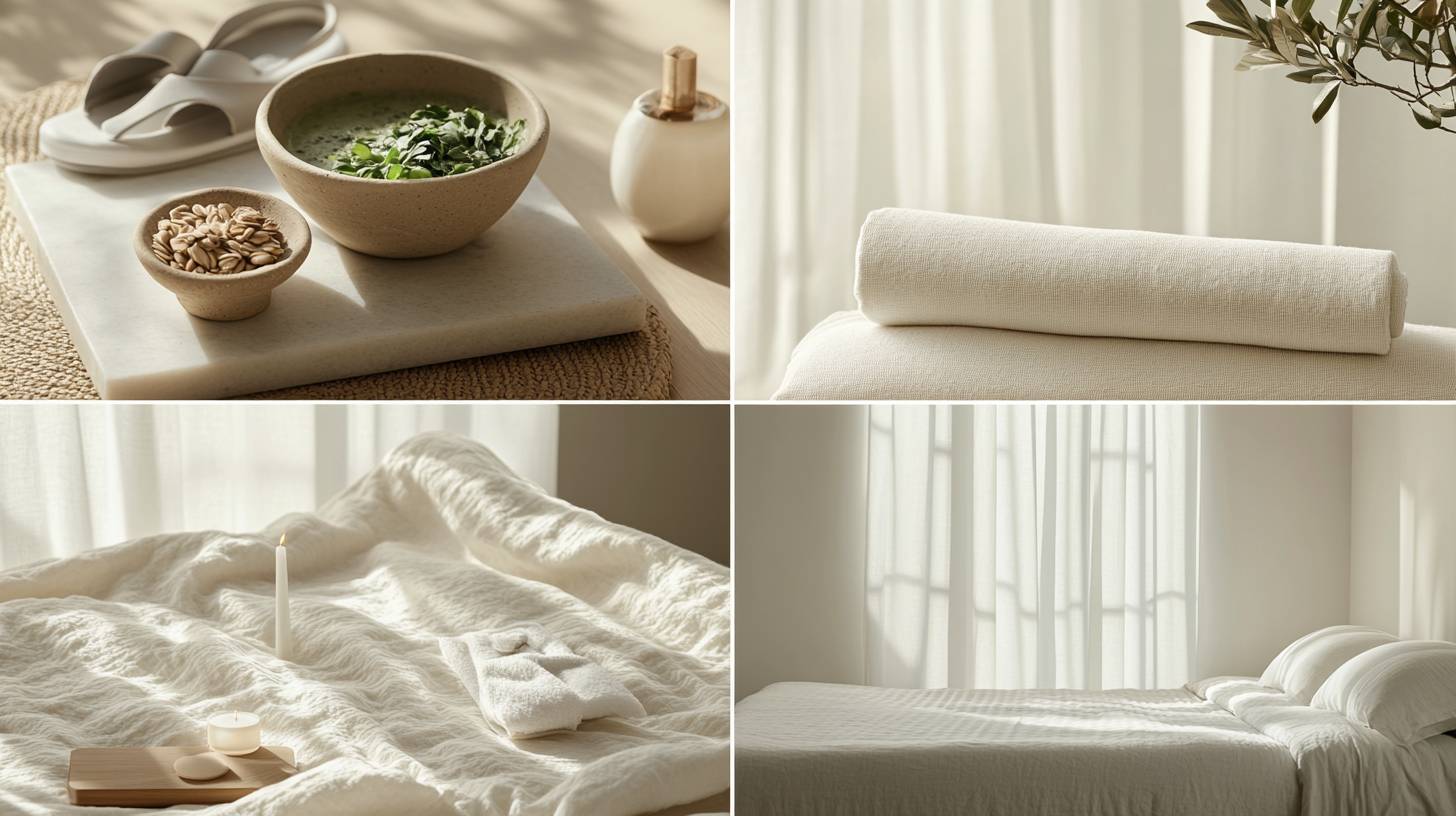 A four part grid in soft neutral tones showing the four pillars of longevity: fresh whole foods and a green shake, movement, restful sleep with white linen, and a calm space for the mind
