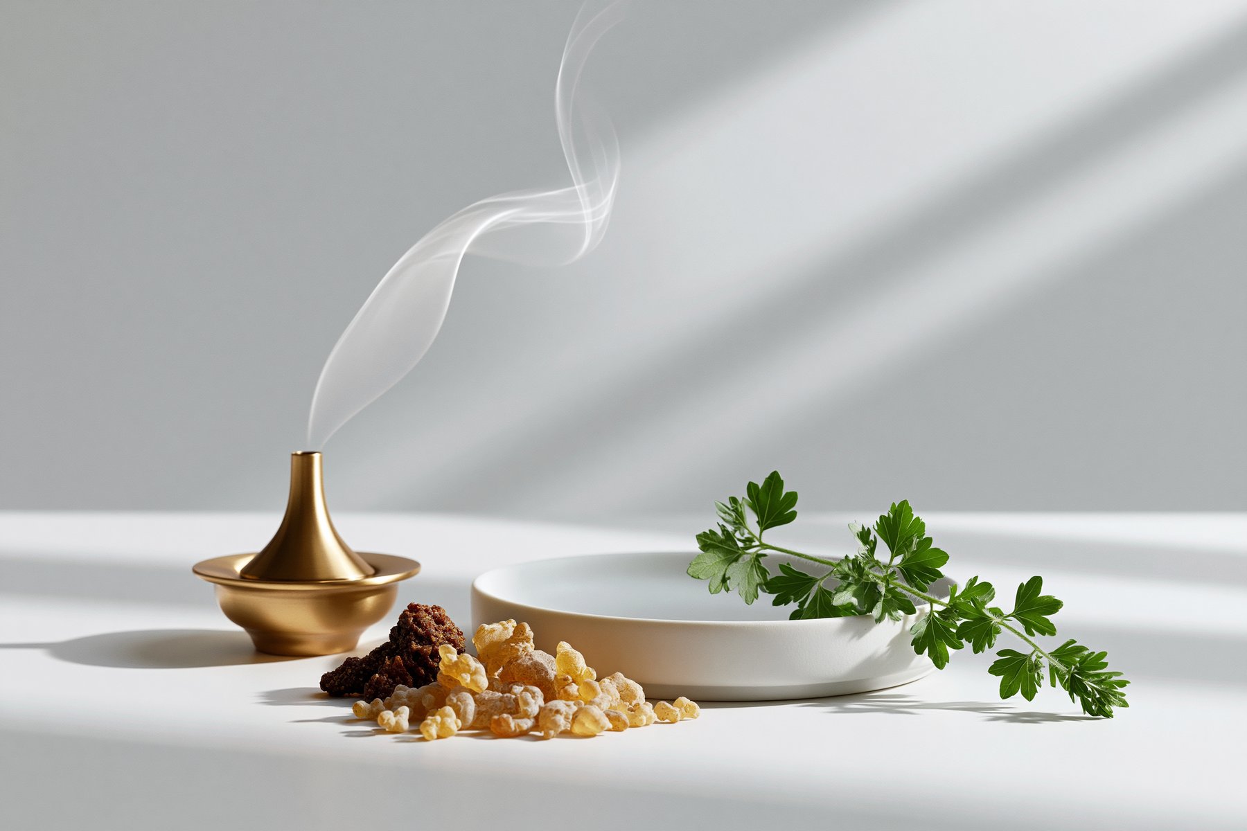 Frankincense and myrrh resin with a brass incense burner and a sprig of fresh herb on a clean white surface