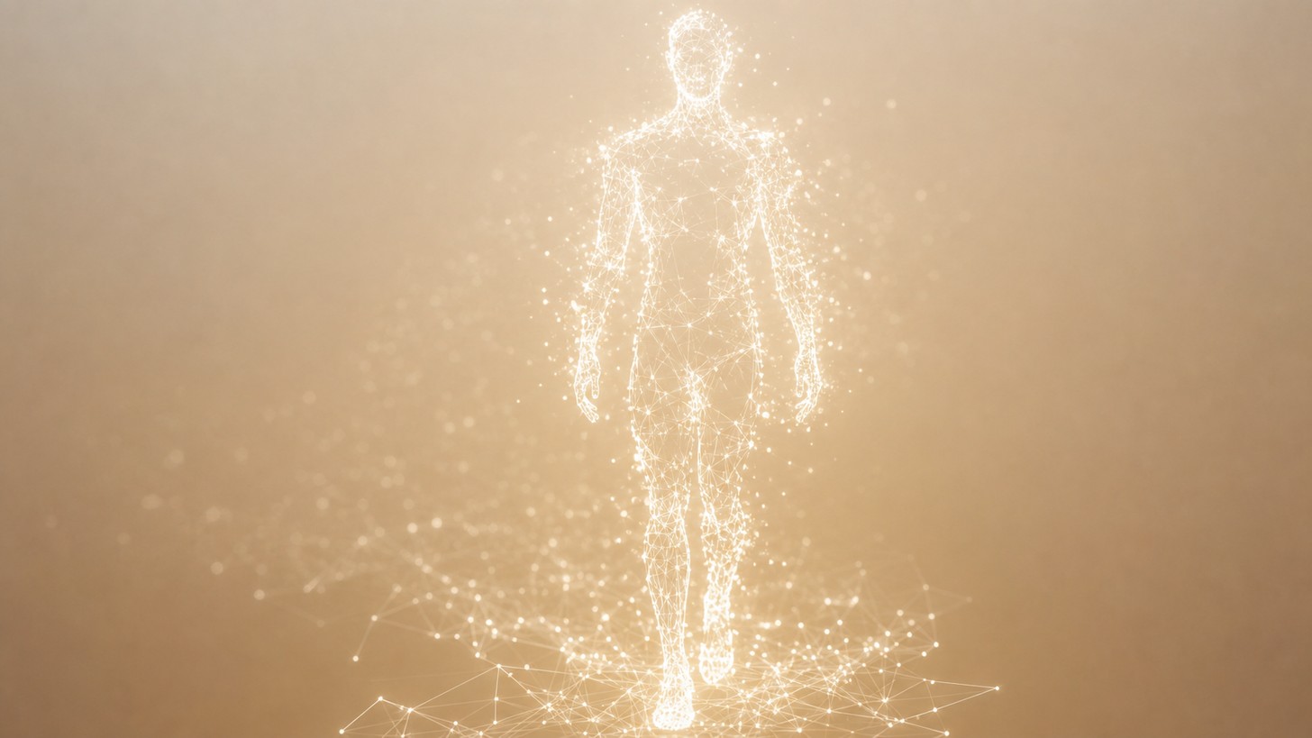 A person reviewing a personalized health dashboard that blends genetic, microbiome and wearable data, in soft natural light