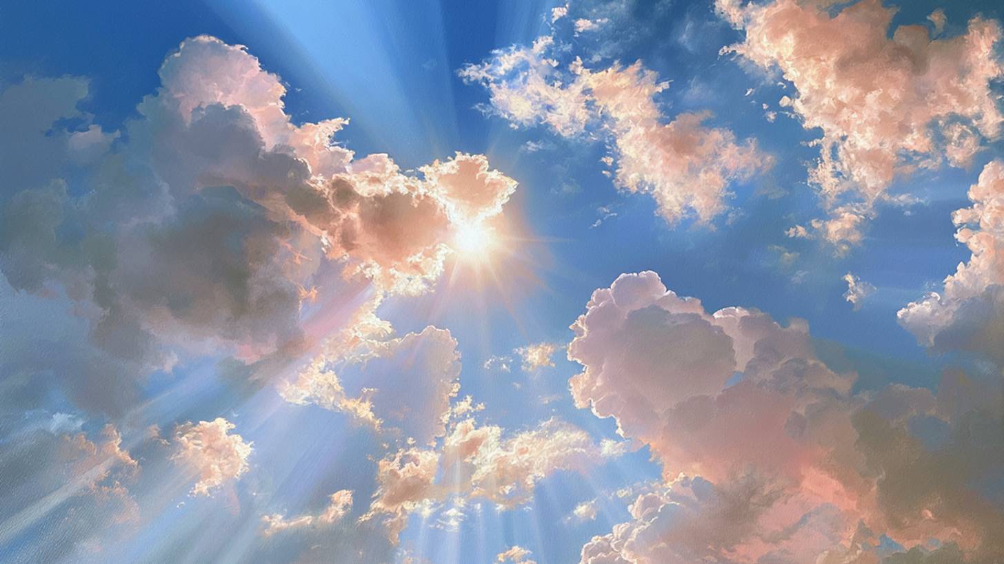 A painted sky at sunrise, golden rays of light breaking through rose-tinted clouds against a deep blue sky
