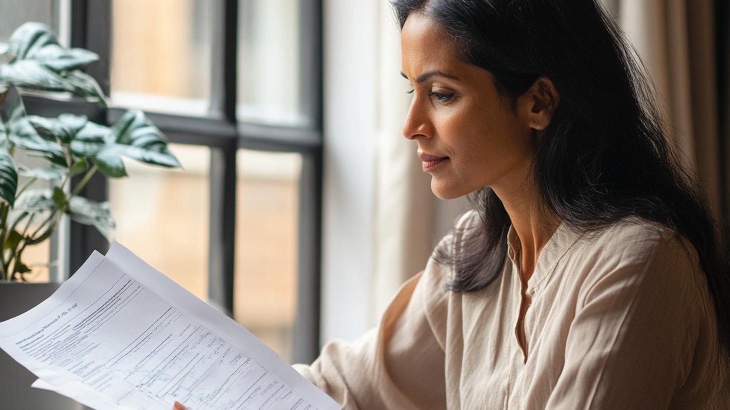 Woman in her late 40s at a window, reading her lab results closely