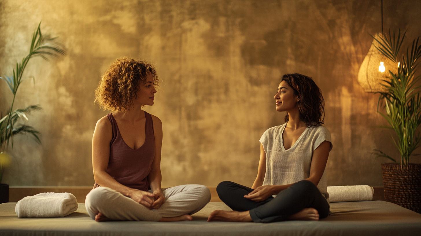 A practitioner with curly fair hair sits cross-legged facing a patient on a low treatment couch in a warm, softly lit room, both calm and at ease.