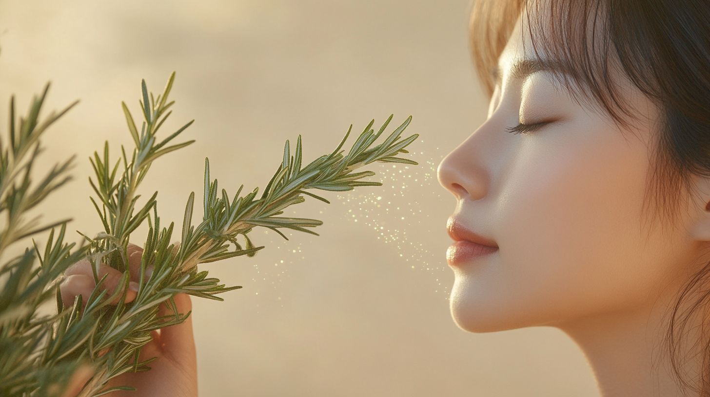 Close profile of a woman with her eyes closed breathing in from a sprig of fresh rosemary, fine luminous particles drifting from the leaves toward her face in warm soft light