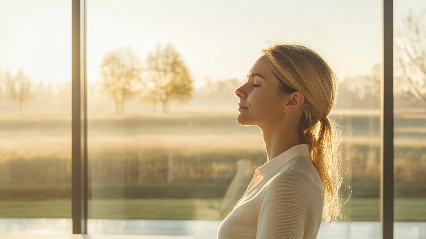 A woman pauses at a sunlit office window, eyes closed and breathing calmly, a soft misty field beyond the glass