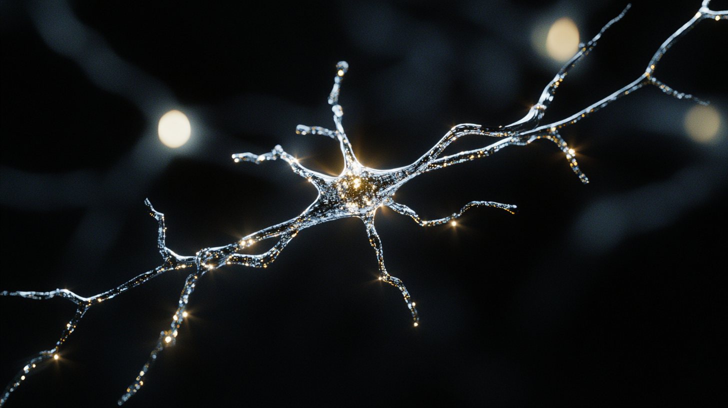 A single neuron rendered in crystalline glass against a near-black background, dendrites branching outward with points of gold light glowing along their length
